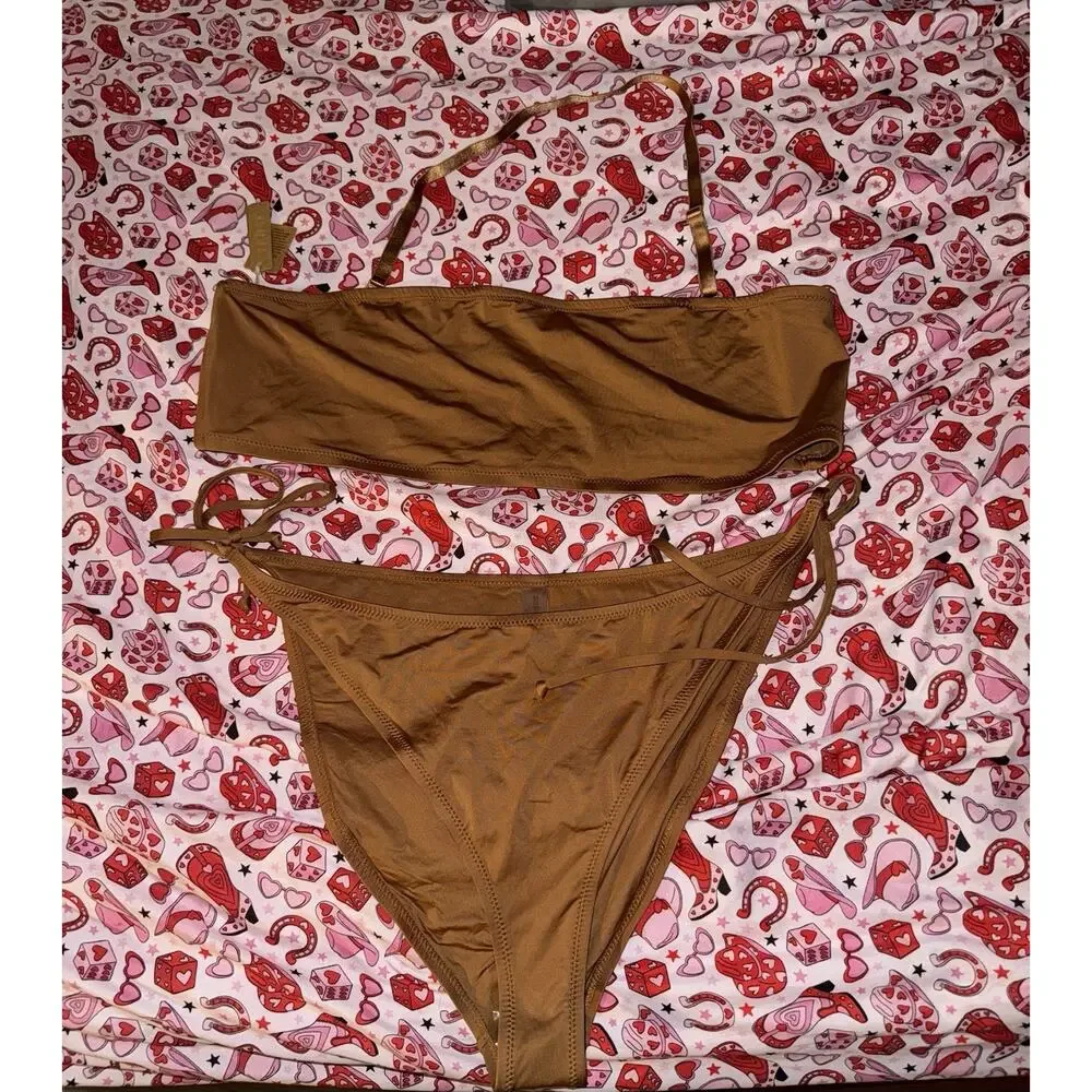 SKIMS Size 4X Bandeau Top + Bikini Bottom Set Almond Women’s Swim NWT